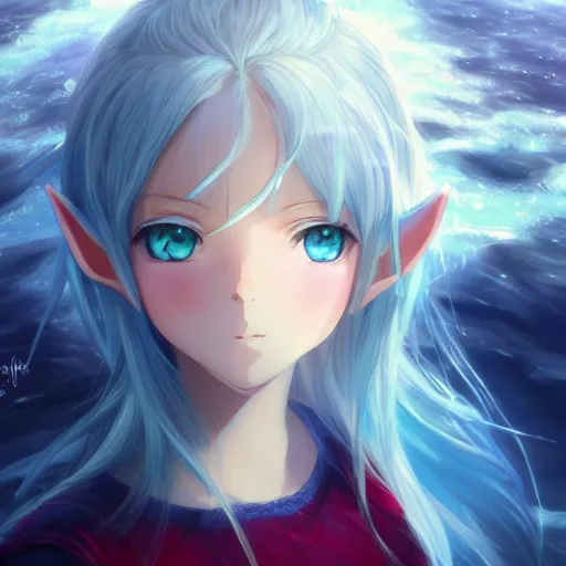 Prompt: a very beautiful anime elf girl, full body, long silver hair, sky blue eyes, full round face, short smile, casual clothes, ice snowy lake setting, cinematic lightning, medium shot, mid-shot, highly detailed, trending on Artstation, Unreal Engine 4k, cinematic wallpaper by Stanley Artgerm Lau, WLOP, Rossdraws, James Jean, Andrei Riabovitchev, Marc Simonetti, and Sakimichan