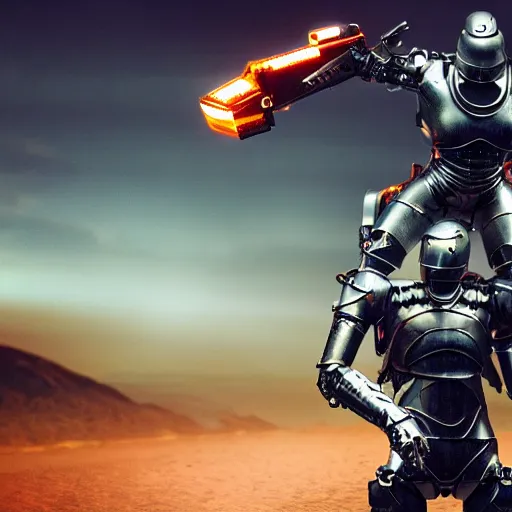 Image similar to a cyber knight riding a cyborg raptor, 8k, film still, cinematic, futuristic, sci fi, retro