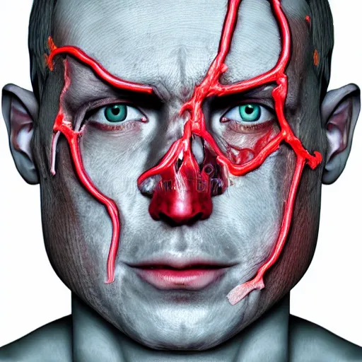 Prompt: man's face with see - through glass - like skin, blood vessels, and bones showing, hyperdetailed, realistic, high - resolution illustration that slightly looks like a comic character