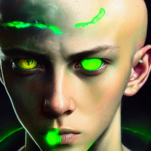 Image similar to portrait painting of a post - apocalyptic bald androgynous teenager with white eyes and a green aura around his head, ultra realistic, concept art, intricate details, eerie, highly detailed, photorealistic, octane render, 8 k, unreal engine. art by artgerm and greg rutkowski and charlie bowater and magali villeneuve and alphonse mucha