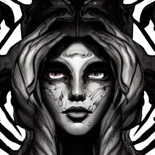 Prompt: shadowy pitch-black void occultist, close-up portrait, intricate complexity, rule of thirds, in the style of Artgerm