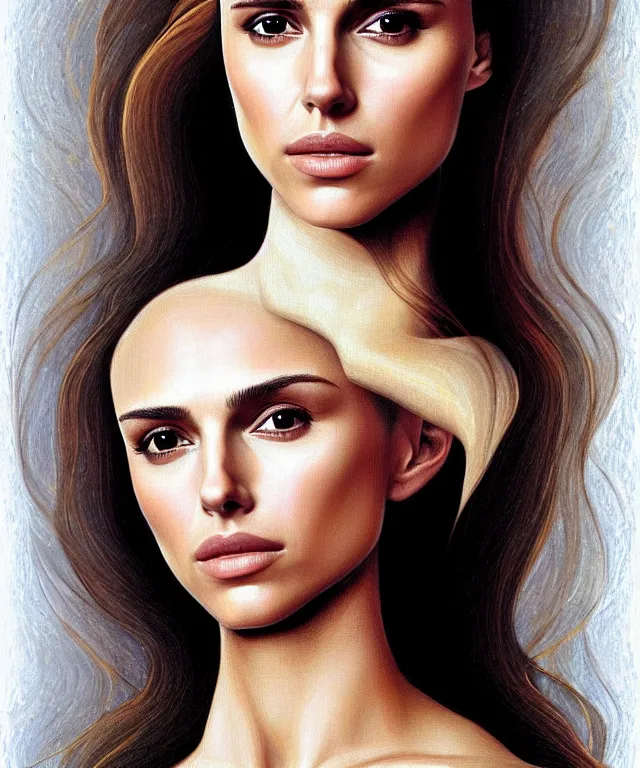 Image similar to half Nathalie portman half jessica alba portrait by Sandro Botticelli, sci-fi, amber eyes, beautiful face, appealing long hair, fantasy, intricate, elegant, highly detailed, digital painting, artstation, concept art, smooth, sharp focus, oil painted illustration by Sandro Botticelli
