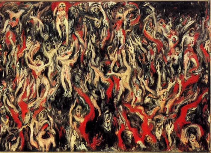 Image similar to mosh pit full of demons and beautiful women in hell ’ s nightclub, sfumato abstract oil on canvas, by rothko, by jackson pollock, by monet