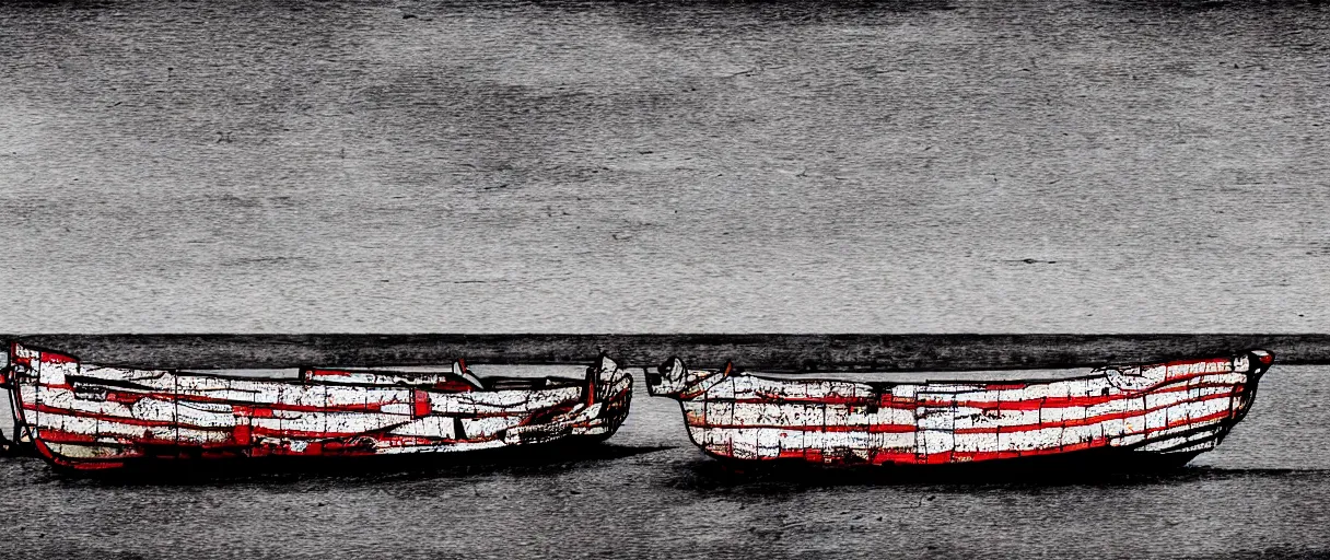 Image similar to a lone abandoned boat at dungeness, in the style of daniel johnston and outsider art, 8 k, line brush, overlaid with chinese adverts