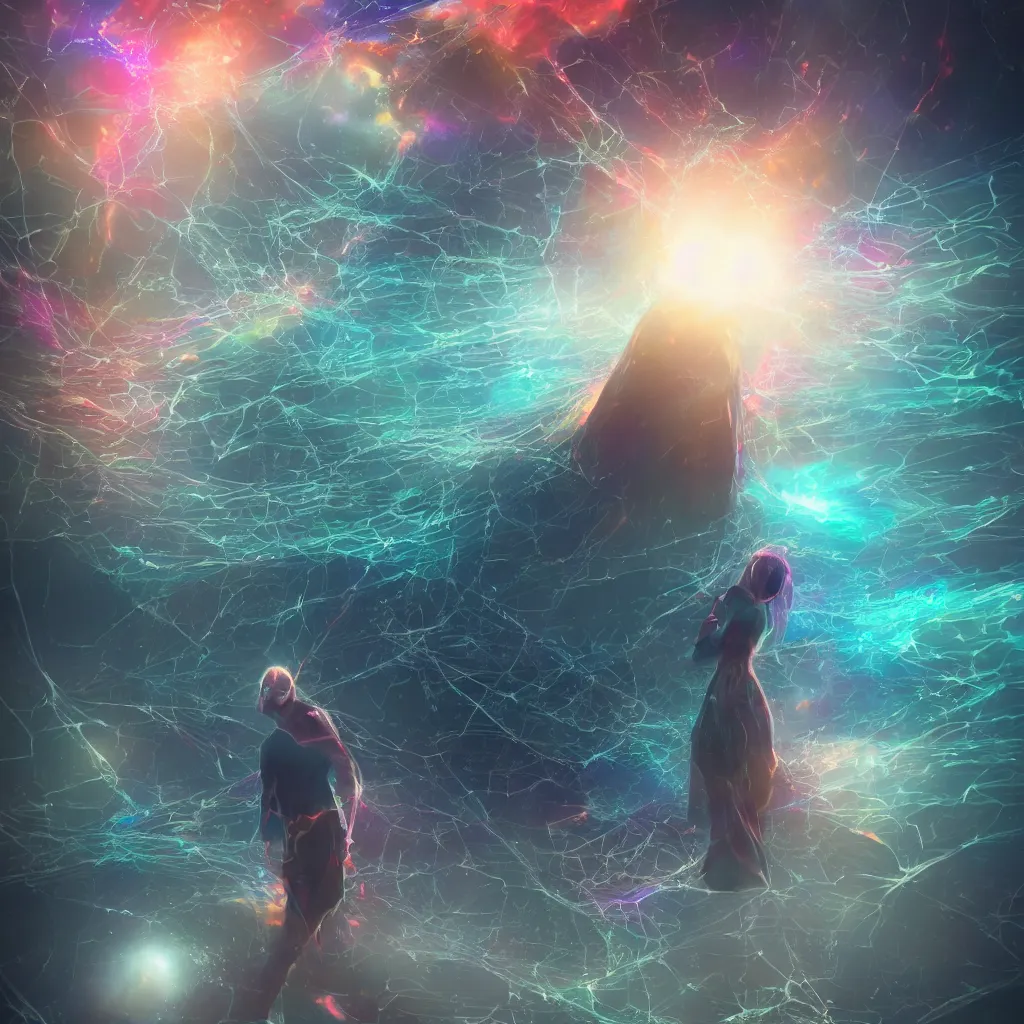 Image similar to letting go of reality and experiencing the opalescent web of interconnectedness between all things. matte painting comic book art, cinematic, highly detailed, realistic, beautiful cosmic neural network, octane render, unreal engine, depth of field, trending on artstation, sharp focus, philosophical splashes of colors