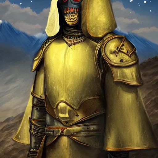 Image similar to realistic portrait of a pale yellow knight in front of mount kilimanjaro, gothic style, festive colors, digital art, trending on artstation, high quality, extreme detail, high quality, hyperdetailed