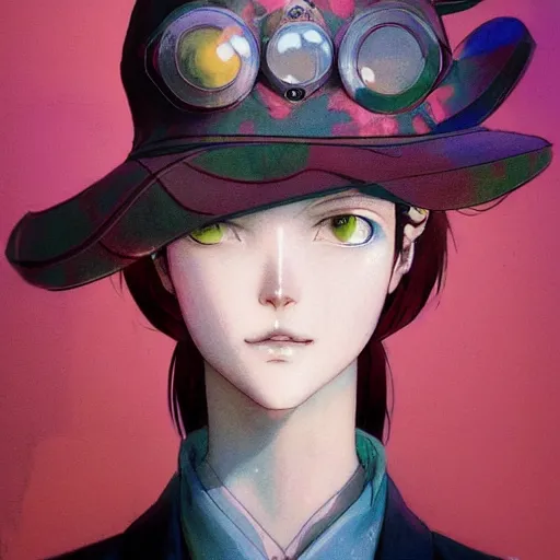 Image similar to prompt : epic hat character portrait soft light painted by james jean and katsuhiro otomo and erik jones, inspired by evangeleon anime, smooth face feature, intricate oil painting, high detail illustration, sharp high detail, manga and anime 1 9 9 9