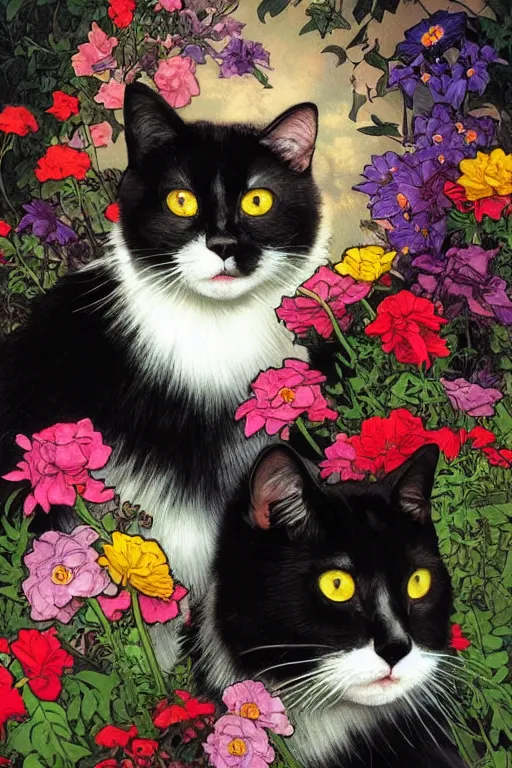 Prompt: medium - shot, two black with white stripes!! fur cats, angry, meows, symmetrical, colourful flowers, cinematic lighting, highly detailed, digital art, oil painting, highly detailed, sharp focus, matte painting, renaissance painting, by kinkade, by alphonse mucha, by leyendecker, by henriette ronner - knip,