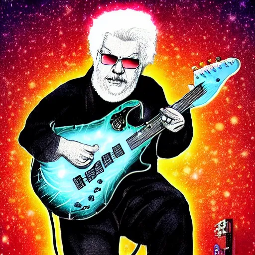 Prompt: a Jerry Garcia guitarist playing so intensely there is electricity shooting out from his guitar, energy beams under his finger tips, and magic sparkles from the freboard, amazing ditial art, trending on artstation, featured on deviantart