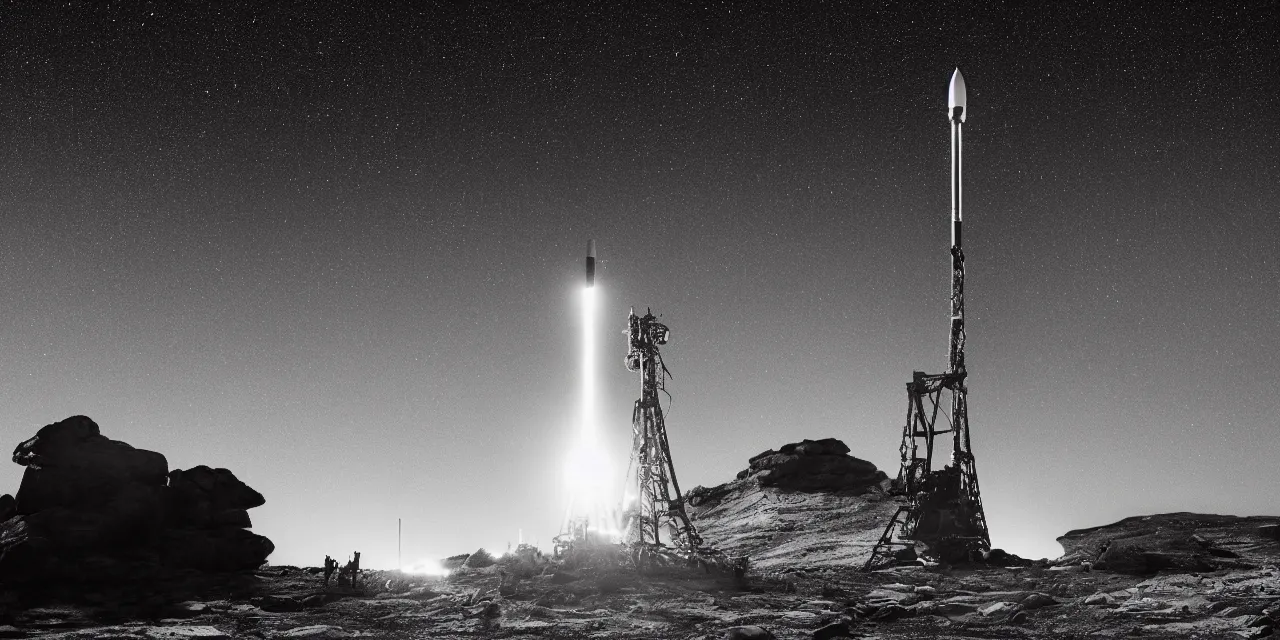 Image similar to black and white photo of a detailed rocket landing on bright mars, black background with glowing stars and satalites, cinematic film still, high contrast, astrophotography, 4 k, polaroid,