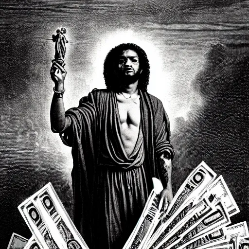 Image similar to fredo santana rapper holding stacks of cash, biblical image, style of gustave dore, highly detailed, beautiful, high contrast, black and white