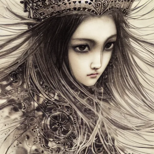 Prompt: yoshitaka amano blurred and dreamy illustration of a girl with black eyes, wavy white hair fluttering in the wind wearing elden ring armor and crown with engraving, highly detailed face, abstract black and white patterns on the background, noisy film grain effect, highly detailed, renaissance oil painting, weird portrait angle, blurred lost edges, three quarter view