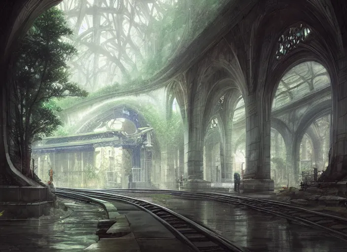 Image similar to A train subway inside a beautiful elven city made of white marble, anime, lush trees, fountain, statue, a fantasy digital painting by Greg Rutkowski and James Gurney, trending on Artstation, highly detailed