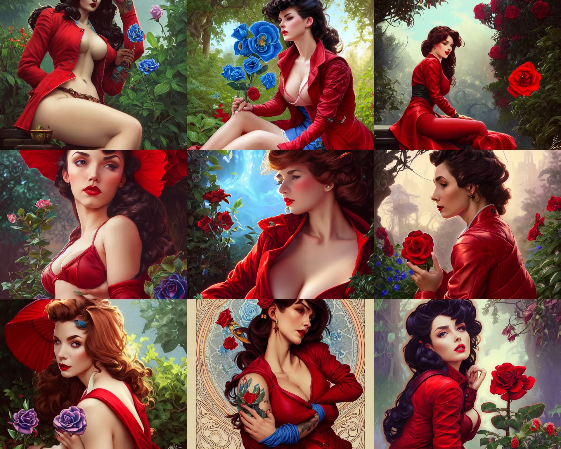 Prompt: red jacket tattooed pinup spanish girl sits on a garden smelling a blue rose, deep focus, turnaround, fantasy, intricate, elegant, highly detailed, digital painting, artstation, concept art, matte, sharp focus, illustration, hearthstone, art by artgerm and greg rutkowski and alphonse mucha.