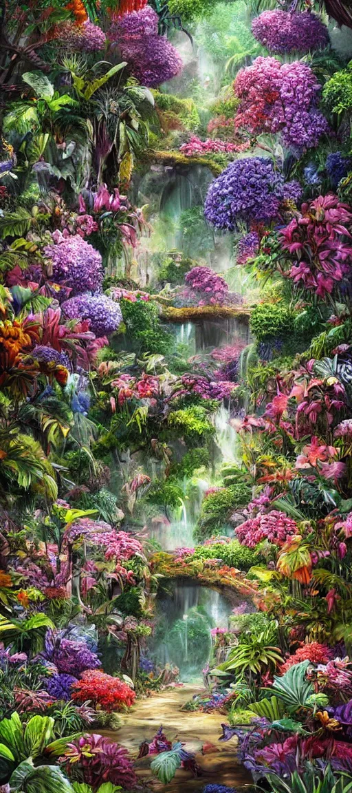 Prompt: cascading concept art of an exotic garden with flowers and big trees, detailed, highly detailed, aesthetic, realistic, hyper realism, colorful, in depth, intricate,