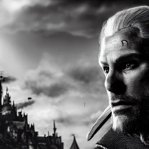 Prompt: mickey mouse as the witcher, cinematic, dark, sharp focus, black and white, highly detailed, portrait