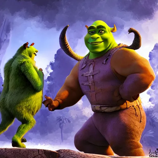 Prompt: shrek fighting an evil donkey, dynamic, action pose, digital painting, WLOP, trending on artstation, 8k, epic composition, highly detailed, sharp focus