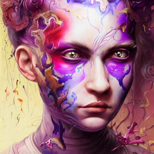Image similar to art portrait of a furious girl with purple tentacles on her head, and purple eyes, 8k,by tristan eaton, Stanley Artgermm,Tom Bagshaw,Greg Rutkowski,Carne Griffiths,trending on DeviantArt, face enhance,hyper detailed ,full of colour,