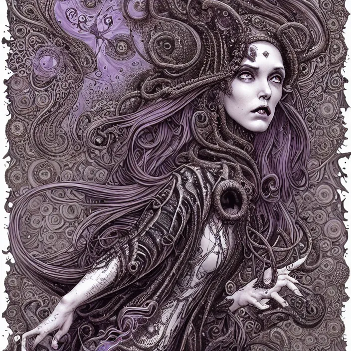 Image similar to depicting a highly detailed beautiful lovecraftian female priestess, in the style of joe fenton, dynamic energetic pose, exuberant organic elegant forms, perfect face, pale skin, by dan hillier : : 1. 4 purple, red, blue, green, black intricate mandala explosions : : intuit art : : turbulent water backdrop : : damask wallpaper : : atmospheric