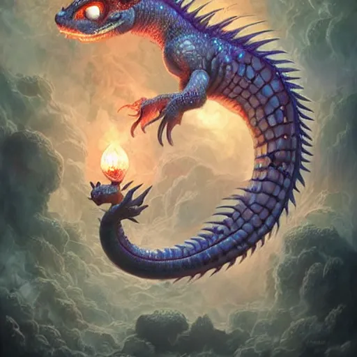 Image similar to a hyperrealistic illustration of a cute and tiny dragon that glows in the dark, dragon baby, glow in the dark, fractal moonlight, little dragon with glowing scales, award - winning, masterpiece, in the style of tom bagshaw, cedric peyravernay, peter mohrbacher