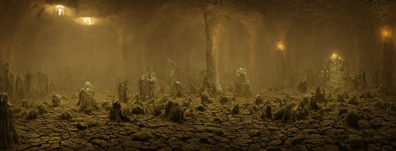 Prompt: dark fantasy catacombs, inside the infernal hall, undead demon guard figures, ethereal, ominous, dramatic cinematic lighting, volumetric 8 k, cryengine, by h. r. giger and zdizslaw beksinski, elden ring