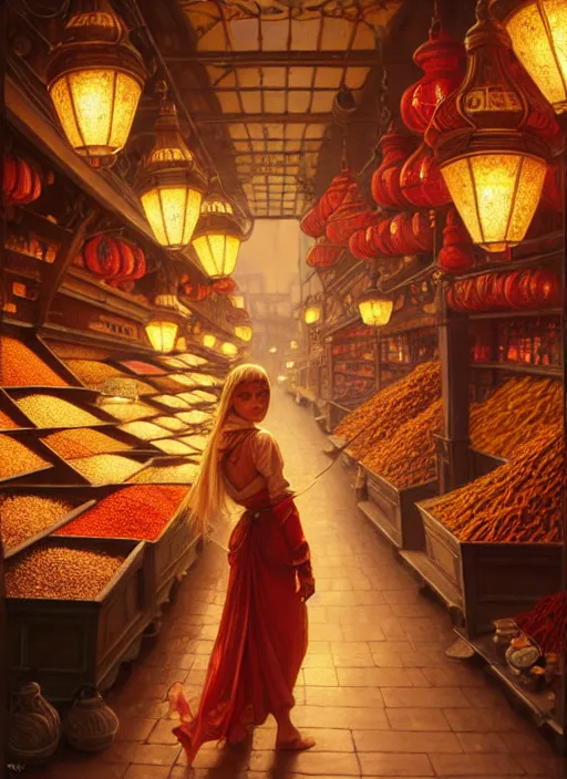 Image similar to a young woman shopping in a spice market at night, soft glow from lanterns, shiny, fantasy, intricate, elegant, hyper detailed, ultra definition, photoreal, artstation, unreal engine rendered, concept art, smooth, sharp focus, illustration, art by artgerm and greg rutkowski and alphonse mucha and garis edelweiss