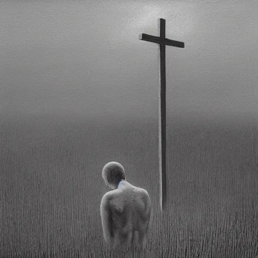 Prompt: a painting of a person praying in a field, facing a huge cross,, an ultrafine detailed painting by zdzisław beksinski, dark, horror, surrealism, cgsociety, precisionism, 2 d game art, mist, dystopian art