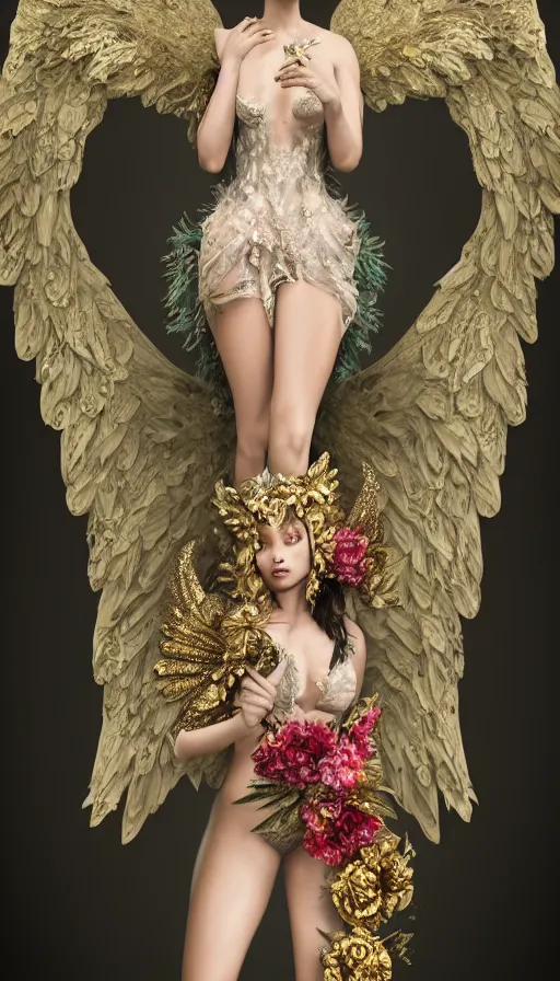 Prompt: expressive full body photo of sophia lauren as beautiful angel, smooth glowing skin, ornate headpiece made from flowers, ornaments, glamour shot, by karol bak, by stefan gesell, octane render, unreal engine, photorealistic, canon r 3, fashion photography, studio shot