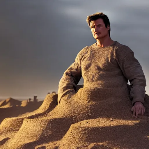 Prompt: nathan fillion as a sandcastle, beautiful composition, cinematic lighting