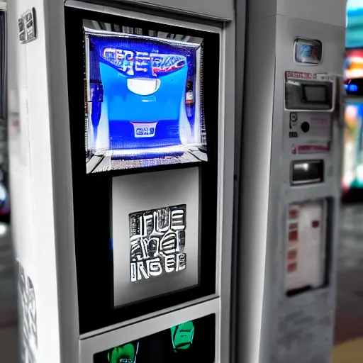 Image similar to photograph of a futuristic vending machine that only sells alien technology, aesthetic, shallow depth of field, award winning, artistic