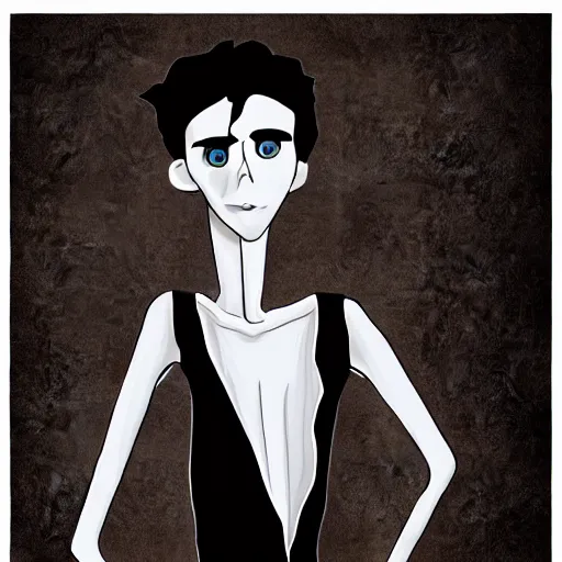 Image similar to young man portrait, sad, black chair, skinny, corpse bride art style