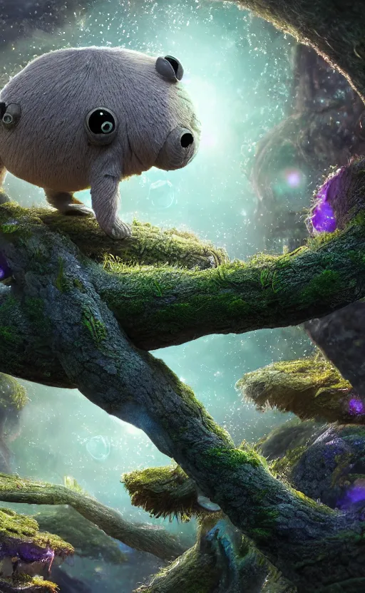 Image similar to microscopic tardigrade, treehouse, magical forest, water bear, futuristic, sharp focus, electric, backlight, furry, soft, concept art, intricate details, highly detailed, photorealistic, disney pixar, octane render, iridescent, global illumination, anime, 8 k