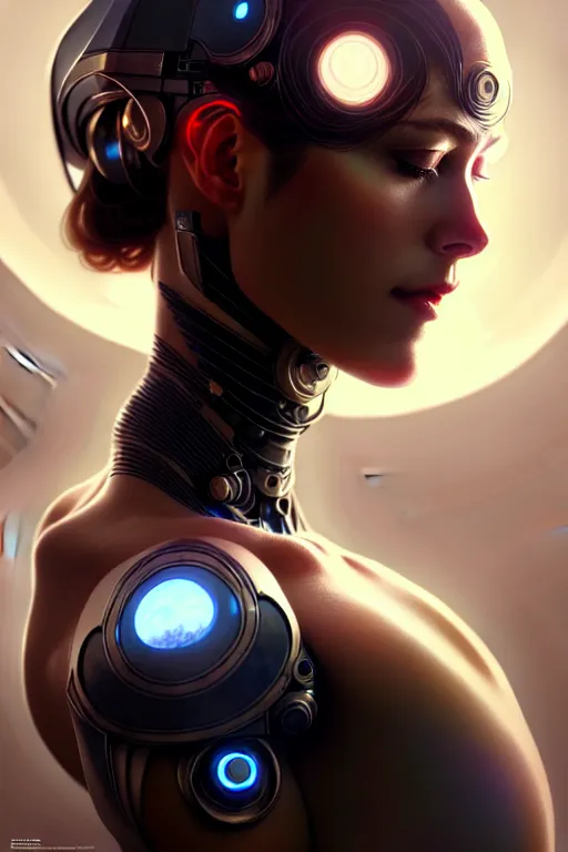 Image similar to portrait of ultra realistic, beautiful cyborg woman, sci-fi, fantasy, manga, intricate, elegant, highly detailed, digital painting, octane render, artstation, concept art, smooth, sharp focus, illustration, art by artgerm and and greg rutkowski and alphonse mucha