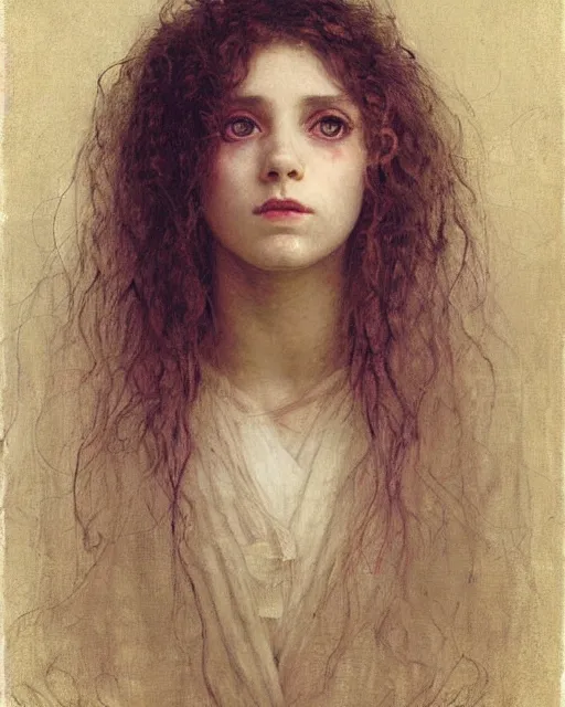 Image similar to a beautiful but sinister girl in layers of fear, with haunted eyes and curly hair, 1 9 7 0 s, seventies, delicate embellishments, a little blood, crimson, painterly, offset printing technique, by jules bastien - lepage, mary jane ansell