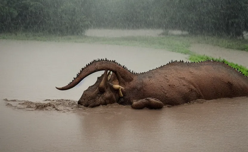 Image similar to nature photography of a rain soaked triceratops in flood waters, african savannah, rainfall, muddy embankment, fog, digital photograph, award winning, 5 0 mm, telephoto lens, national geographic, large eyes