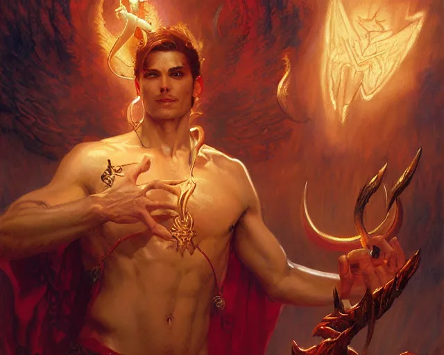 Image similar to attractive male deity, casting demonic magic, summoning handsome lucifer morning star. highly detailed painting by gaston bussiere, craig mullins, j. c. leyendecker 8 k