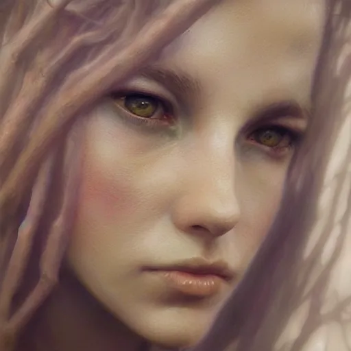 Image similar to photo realistic image of dryad, stunning 3 d render inspired art by istvan sandorfi and greg rutkowski, perfect facial symmetry, realistic, highly detailed attributes and atmosphere, dim volumetric cinematic lighting,