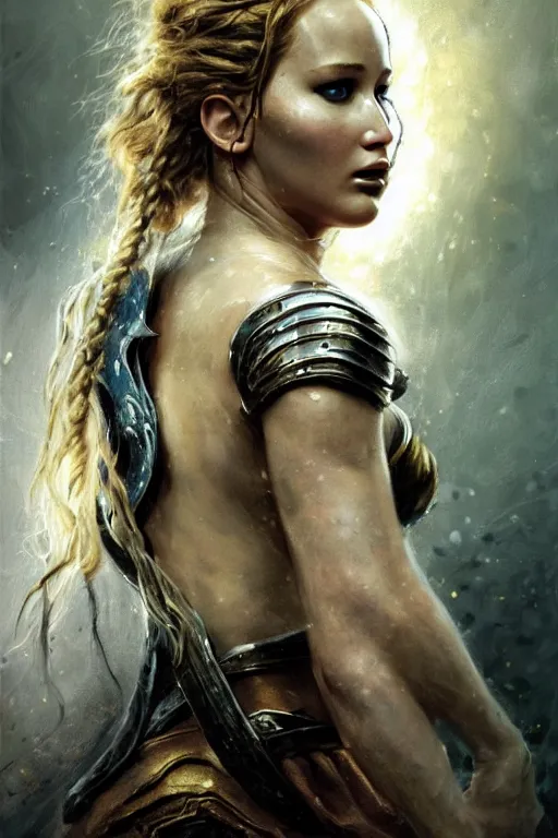 Image similar to jennifer lawrence, legendary warrior, heroic fighter, lord of the rings, tattoos, decorative ornaments, battle armor, omar ortiz, carl spitzweg, ismail inceoglu, vdragan bibin, hans thoma, greg rutkowski, alexandros pyromallis, perfect face, sharply detailed, centered, rule of thirds, realistic shading, photorealism