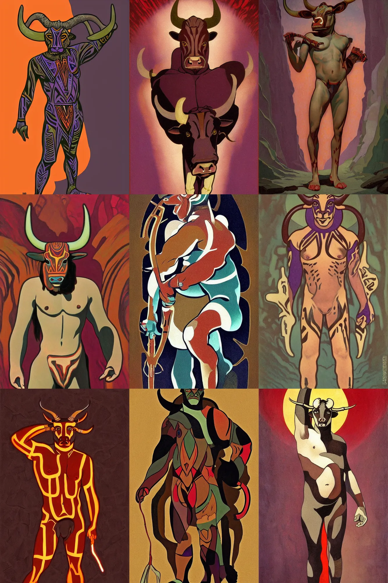 Prompt: midjourney art style art deco shaded painted full body illustration of a male minotaur with glowing tribal skin markings in a dark cave environment with a bovine head, painterly, detailed, art - deco, red and purple palette : : 0. 3 by ralph mcquarrie, tamara de lempicka, alphonse mucha, rule of thirds, beautiful