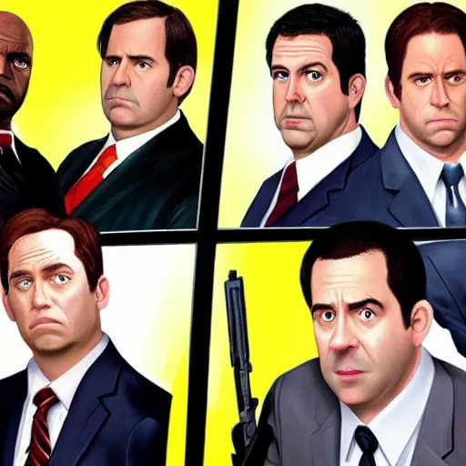 Image similar to the cast of tv show the office in the style of a grand theft auto game cover, high resolution