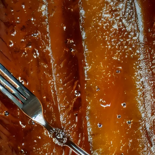 Prompt: a photorealistic fork covered in dripping honey, so much honey, professional food photography, Movie Still, Triadic color grading.