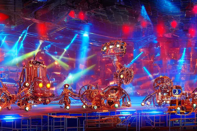 Image similar to stage from the show america got talent, on stage are 4 golden and blue metal humanoid steampunk robots dancing, robots are wearing gears and tubes, eyes are glowing red lightbulbs, shiny crisp finish, 3 d render, 8 k, insaneley detailed, fluorescent colors, nightlight