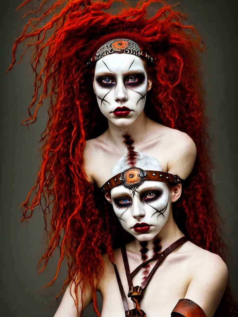 Image similar to a single fierce looking beautiful young woman warrior with curly red hair and symmetrical white makeup, wrapped in leather straps, wearing an intricate head dress made from bones and leather, painted by turner, intricate linework, radiant light, detailed and intricate environment