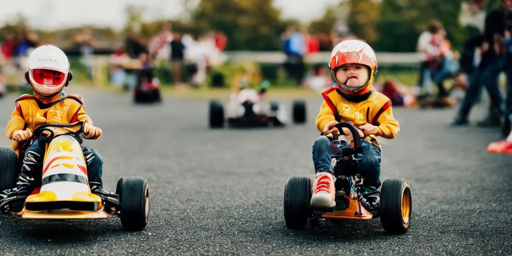 Image similar to photos of toddlers dressed as formula one drivers at a go - kart race, in the style of national geographic, soft focus, golden hour