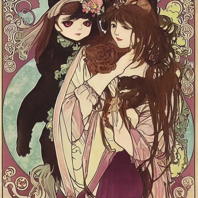 Image similar to gothic lolita and her cat companion. gouache manga artbook illustration by clamp and alphonse mucha.