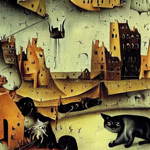 Prompt: oil painting by hieronymous bosch of a cat destroying a city.
