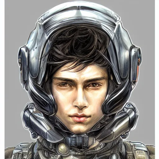 Prompt: portrait of a human by ayami kojima, he is about 2 0 years old, british, manly, straight jaw, black hair, and he is wearing a modern tactical gear, scifi, highly detailed portrait, digital painting, artstation, concept art, smooth, sharp foccus ilustration, artstation hq