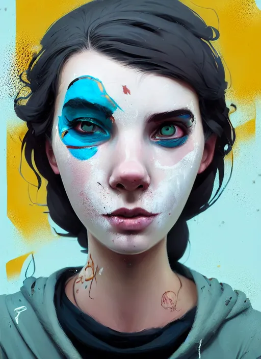 Image similar to highly detailed portrait of a sewer punk 2 1 year old lady with white graffiti face paint by atey ghailan, james gilleard, by joe fenton, by greg rutkowski, by greg tocchini, by kaethe butcher, 4 k resolution, gradient yellow, black, brown and cyan color scheme, grunge aesthetic!!! ( ( dystopian graffiti tag wall in background ) )