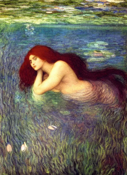 Image similar to lady laying under the sea on the seabed amongst the weeds, underwater shot, submerged, medium shot, on the bed of the river preraphaelite colour photography by rosetti and monet, 8 k