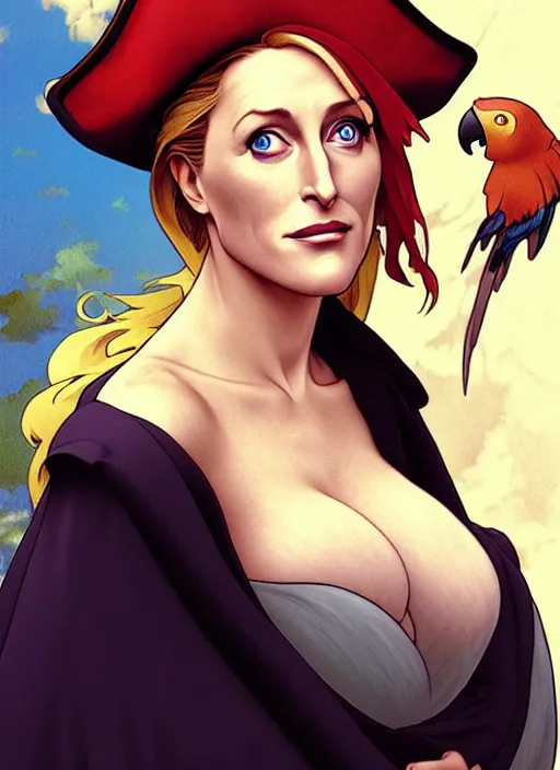 Image similar to cute gillian anderson as a pirate wearing black. parrot on his shoulder, natural lighting, path traced, highly detailed, high quality, digital painting, by don bluth and ross tran and studio ghibli and alphonse mucha, artgerm